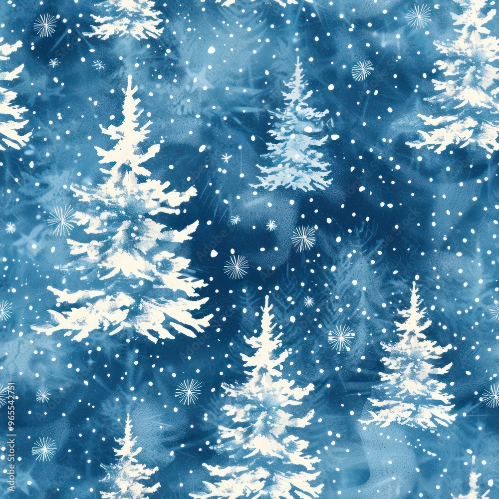 Winter wonderland pattern with snow-covered pine trees and twinkling stars By Generated AI Winter wonderland pattern with snow-covered pine trees and twinkling stars By Generated AI