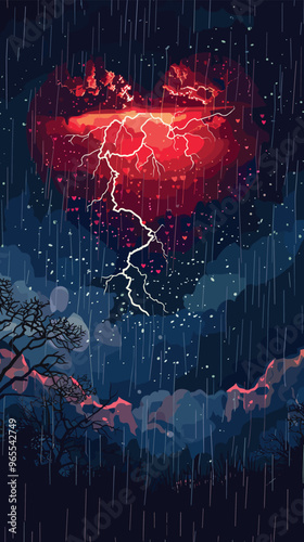 Rainy Day with Lightning Breaking Through Heart Symbolizing Family Problems and Negative Emotions