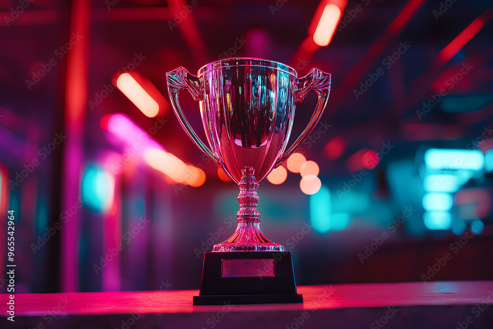 A shiny trophy stands on a surface with colorful lights in the background.