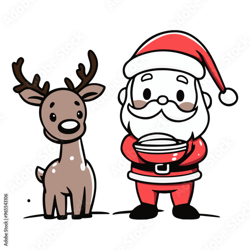 santa claus and reindeer holding bowl of chocolate, cute cartoon style, simple lines, white background