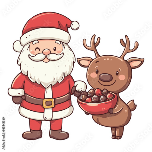 santa claus and reindeer holding bowl of chocolate, cute cartoon style, simple lines, white background