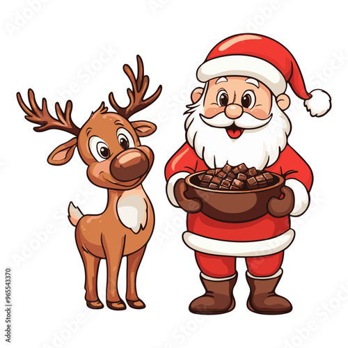 santa claus and reindeer holding bowl of chocolate, cute cartoon style, simple lines, white background