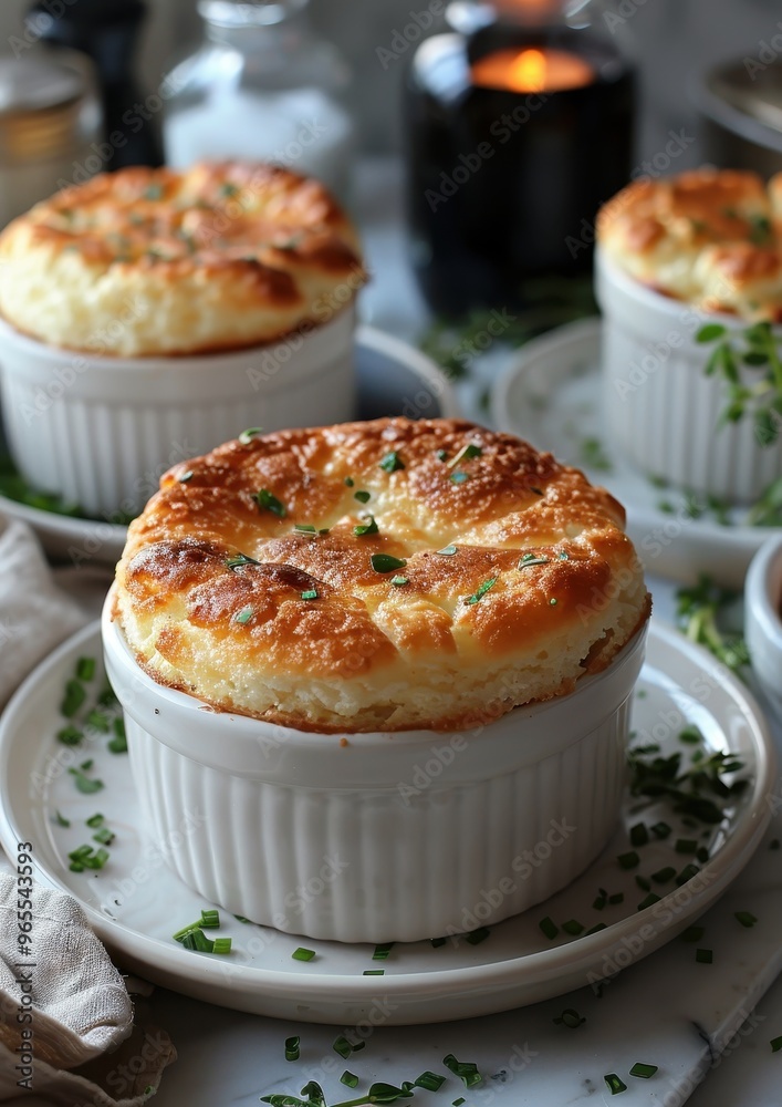 Souffle A perfectly risen cheese souffle with a golden, fluffy top. Served in a white ramekin on a matching plate