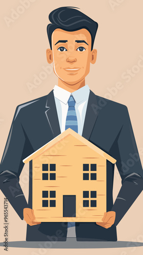 Real Estate Broker Holding Wooden House Placard, Promoting Property Investment for Buying, Selling, or Renting