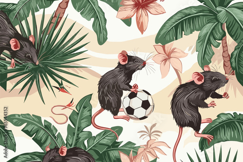 Seamless Pattern with Funny Rats Playing Football and Relaxing on Tropical Beach Resort