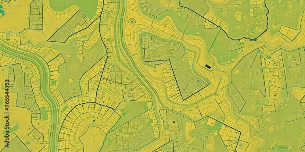 Obraz premium An aerial view of a city landscape with yellow and green hues.