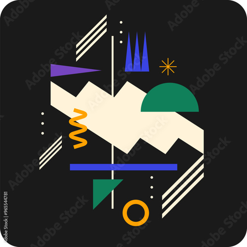 Abstract background with various bright geometric shapes. Concise design. A composition of figures of different shapes.