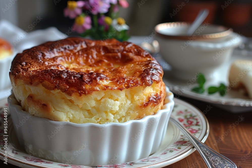 Souffle A perfectly risen cheese souffle with a golden, fluffy top. Served in a white ramekin on a matching plate Souffle A perfectly risen cheese souffle with a golden, fluffy top. Served in a white ramekin on a matching plate