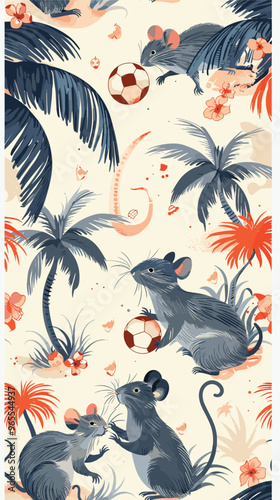 Seamless Pattern with Funny Rats Playing Football and Relaxing on Tropical Beach Resort