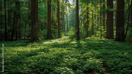 A peaceful scene in a redwood forest, where a carpet of lush green redwood sorrel covers the forest floor beneath towering giant trees. Sunlight filters through the thick canopy above, creating  photo