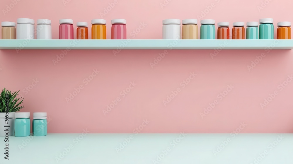 A modern shelf displaying colorful jars against a pastel pink background, bringing a fresh and stylish vibe to any space.