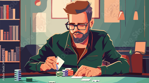 Successful Male Gambler Enjoys Remote Poker Game, Holding Winning Card Combination at Online Casino Table