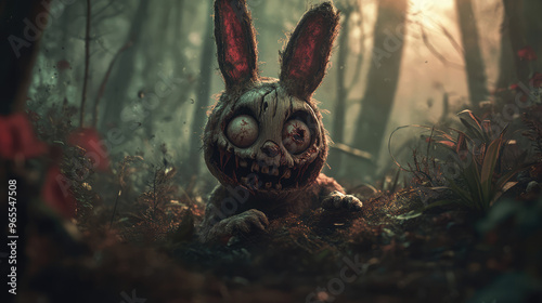 A zombie rabbit with torn fur, sunken eyes, and a wide, eerie grin, hiding in a spooky, mist-filled forest.