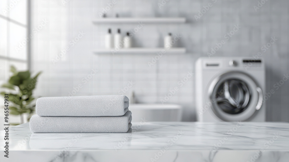A modern laundry room featuring stacked towels and a washing machine in a bright setting. A modern laundry room featuring stacked towels and a washing machine in a bright setting.