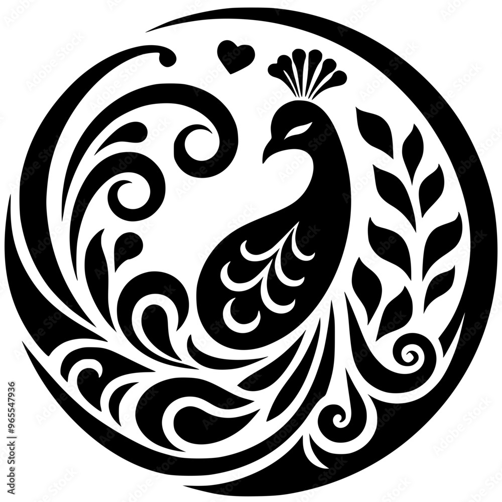 Beautiful peacock silhouette in a circle