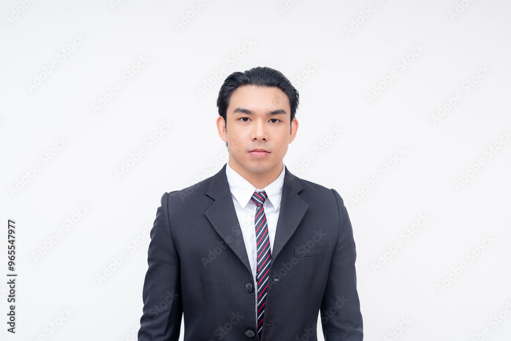Portrait of a stoic and serious young asian businessman in a suit and tie, standing relaxed. Isolated on a white background. Portrait of a stoic and serious young asian businessman in a suit and tie, standing relaxed. Isolated on a white background.