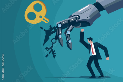 Tired Businessman Under Heavy Pressure Gets Help from Robot Hand with Key to Success, AI Assistance in Overcoming Obstacles