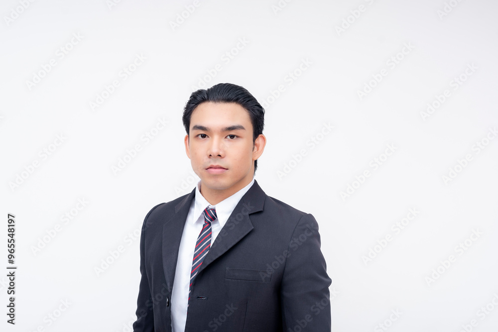Portrait of a stoic and serious young asian businessman in a suit and tie, standing relaxed. Isolated on a white background. Portrait of a stoic and serious young asian businessman in a suit and tie, standing relaxed. Isolated on a white background.