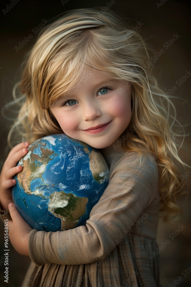 Young Girl with Long Blonde Hair Hugs Planet Earth, Symbol of Environmental Love and Care Young Girl with Long Blonde Hair Hugs Planet Earth, Symbol of Environmental Love and Care