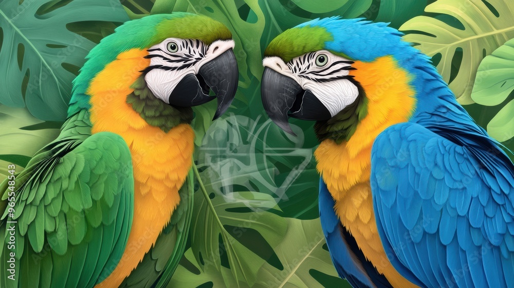 Obraz premium Two colorful parrots are standing next to each other on a leafy background, AI