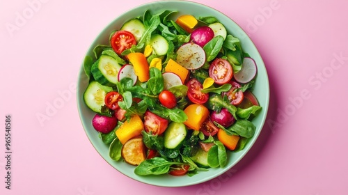 Fresh and Colorful Salad in Green Bowl