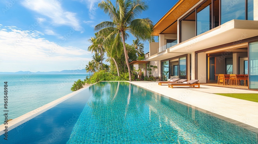 Fototapeta premium A luxurious villa with an infinity pool overlooking a serene ocean landscape.