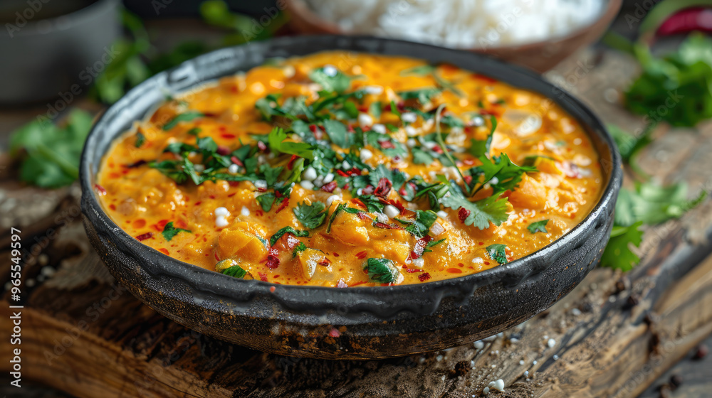 Yellow Curry with Rice topped with fresh coriander leaves, red chili flakes and crispy skin on a wooden table in a warm restaurant Yellow Curry with Rice topped with fresh coriander leaves, red chili flakes and crispy skin on a wooden table in a warm restaurant