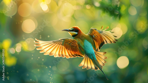 Vibrant wild bird in flying pose flapping beautiful wings against the backdrop of green forest background photo