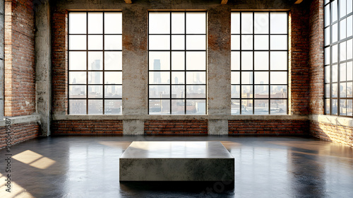 podium made of polished metal and concrete, standing in an industrial loft with large windows and exposed brick walls