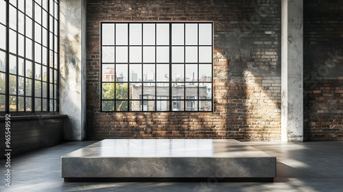 podium made of polished metal and concrete, standing in an industrial loft with large windows and exposed brick walls photo