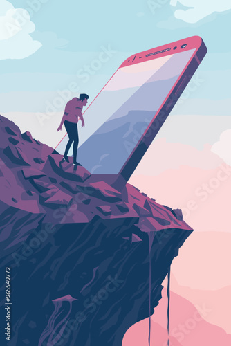 Unhappy User Pushing Giant Smartphone off Cliff, Symbolizing Digital Detox and Freedom from Mobile Addiction