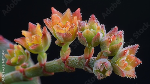 A close-up of Kalanchoe daigremontiana, also known as the mother of thousands, showcasing its remarkable ability to sprout plantlets along the edges of its leaves. The tiny new plants are ready  photo