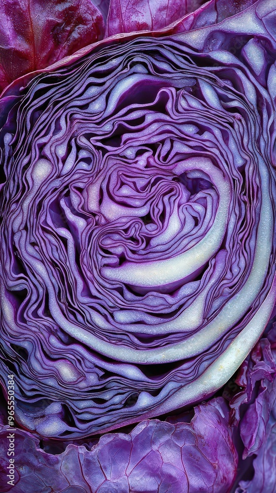 Obraz premium Close-up of a cut red cabbage revealing intricate patterns, natural light, rich colors, vegetable, geometric beauty in nature