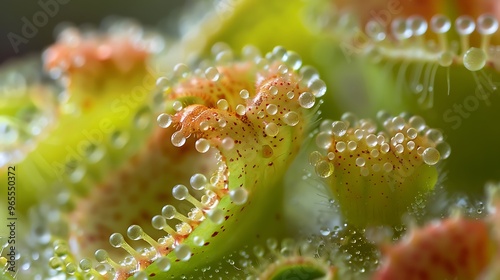 A close-up of Cephalotus follicularis, the Albany pitcher plant, showing its tiny, intricate traps filled with digestive fluid. The plant's unique structure, with its small yet effective pitchers,  photo