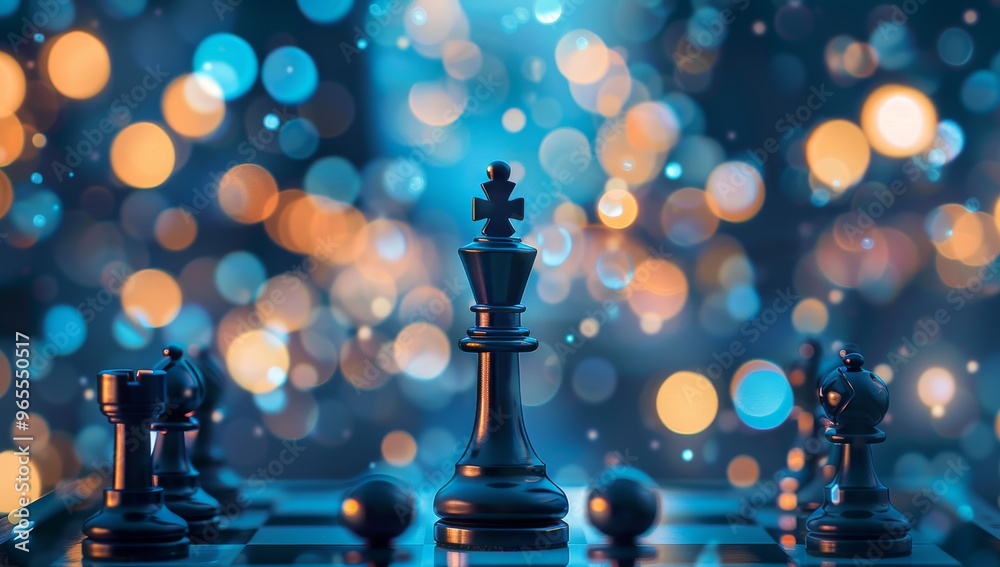 Chess piece in the shape of a king on top of a chessboard Competitive advantage and strategic winning marketing concept, visually compelling and informative, with copy space Chess piece in the shape of a king on top of a chessboard Competitive advantage and strategic winning marketing concept, visually compelling and informative, with copy space