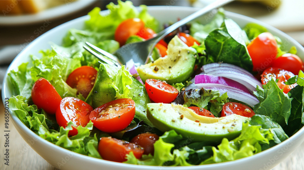 A vibrant salad bowl filled with fresh vegetables like avocado, cherry tomatoes, red onions, and mixed greens, with a fork ready to take a bite, showcasing a healthy meal.
A vibrant salad bowl filled with fresh vegetables like avocado, cherry tomatoes, red onions, and mixed greens, with a fork ready to take a bite, showcasing a healthy meal.
