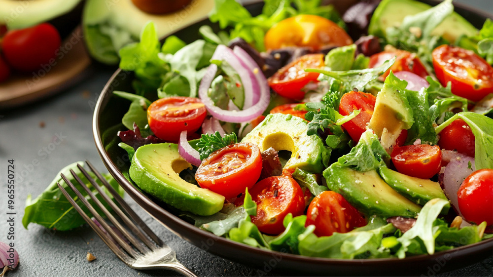 A vibrant salad bowl filled with fresh vegetables like avocado, cherry tomatoes, red onions, and mixed greens, with a fork ready to take a bite, showcasing a healthy meal.
A vibrant salad bowl filled with fresh vegetables like avocado, cherry tomatoes, red onions, and mixed greens, with a fork ready to take a bite, showcasing a healthy meal.