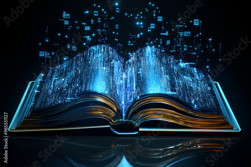 A glowing open book with digital data emerging, symbolizing knowledge and technology. photo