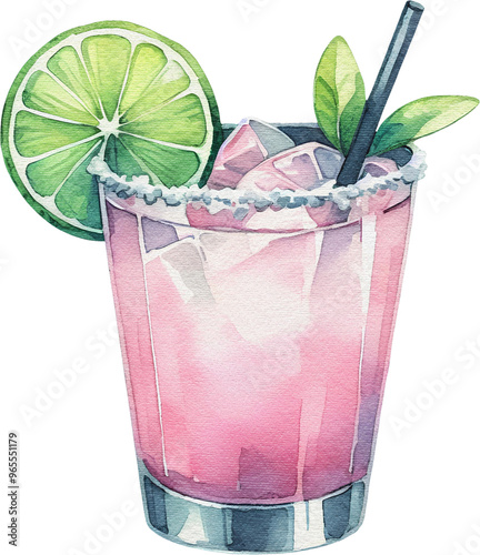Watercolor painting of pink cocktail with a lime mint leaves clipart transparent background cutout png