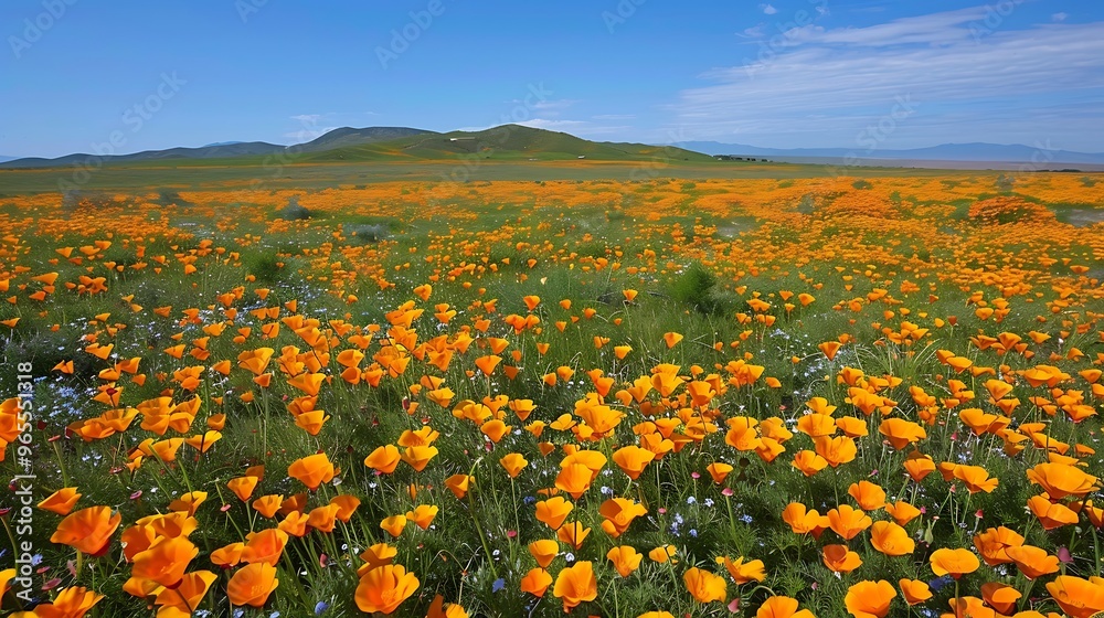 Fototapeta premium A breathtaking field of Eschscholzia californica, or California poppies, in a rare super bloom, where vibrant orange flowers blanket the landscape. The brilliant poppies create a sea of color