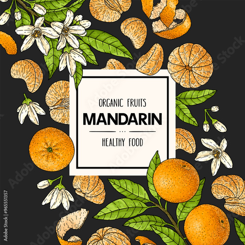 Mandarin or tangerine hand drawn background. Organic citrus plant drawing with whole mandarin, slices, halves and branch. Natural botanical graphic illustration. Template for food product label