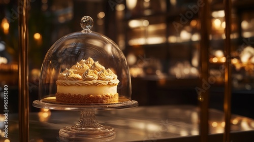 A beautifully decorated cake under a glass dome, set in an elegant display with warm lighting.