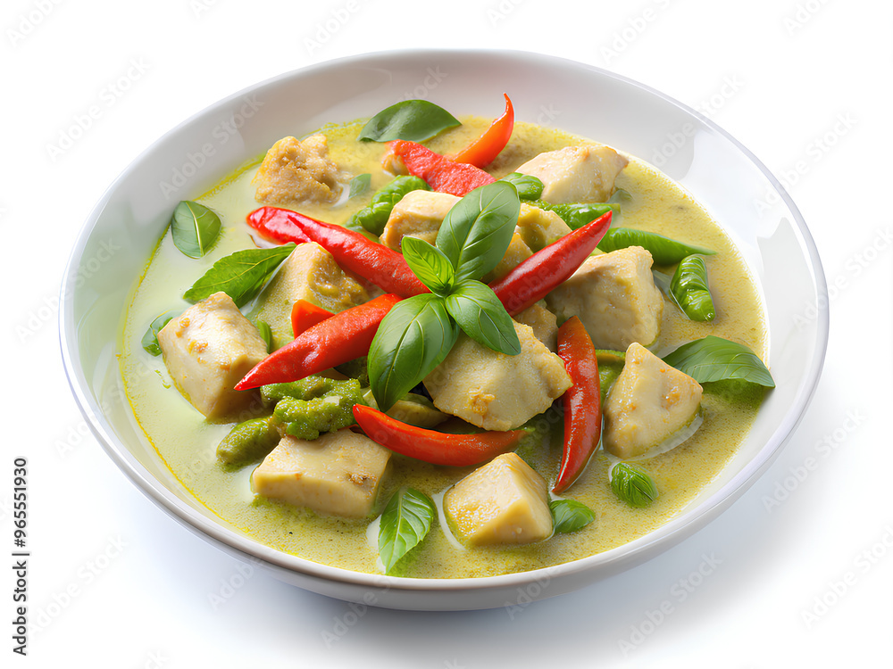 Chicken green curry in a White plate, Thai Traditional food called Kang Kiew Wan. isolated on white background Chicken green curry in a White plate, Thai Traditional food called Kang Kiew Wan. isolated on white background