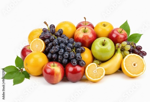 A diverse assortment of fruits, including apples, oranges, grapes, bananas, and pears, are meticulously arranged in a pyramid-like formation against a white background