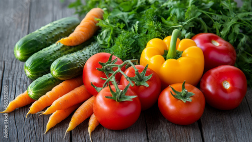 A close-up of a colorful assortment of fresh vegetables, including tomatoes, bell peppers, cucumbers, and carrots, arranged beautifully on a rustic wooden table.