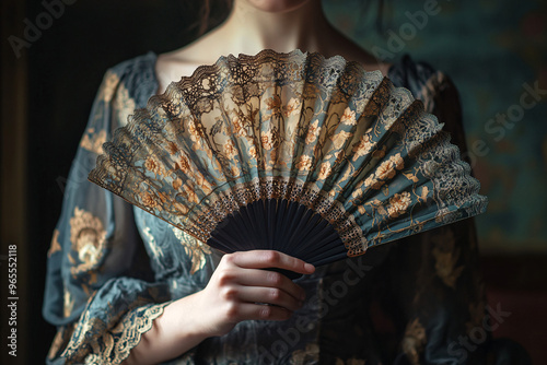 A mysterious vintage woman in elegant attire holds an ornate fan partially hiding her face enhancing her allure