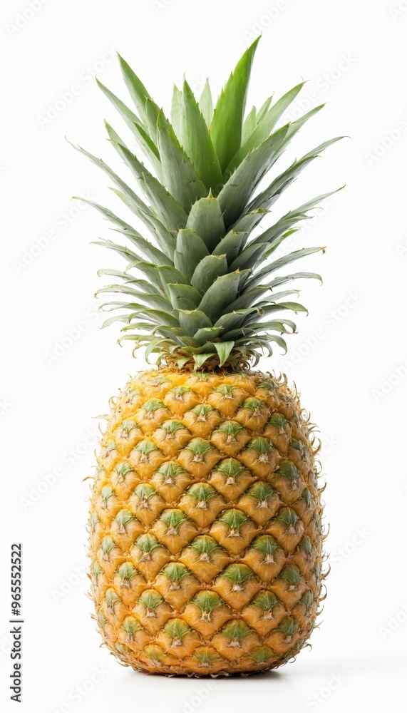 A single vibrant yellow pineapple with a diamond pattern and green leaves stands upright on a white surface, contrasting with the background, centrally positioned and slightly tilted to the right. A single vibrant yellow pineapple with a diamond pattern and green leaves stands upright on a white surface, contrasting with the background, centrally positioned and slightly tilted to the right.
