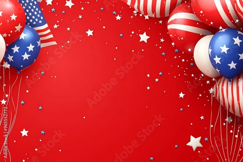 3D Cartoon Background with American Flag Balloons and Stars on Red, USA Festival Decorations for Holiday Banner and Template Design, Stylish Vector Illustration