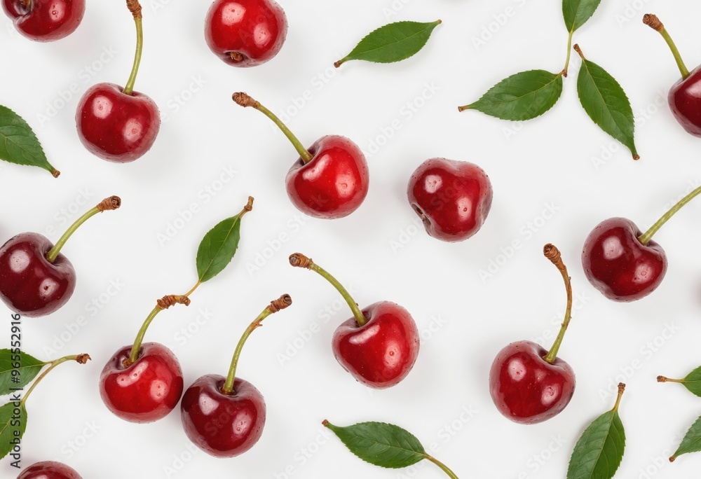 A close-up image of 12 red cherries with green leaves, scattered randomly on a white background, creates a visually appealing contrast and balance. A close-up image of 12 red cherries with green leaves, scattered randomly on a white background, creates a visually appealing contrast and balance.