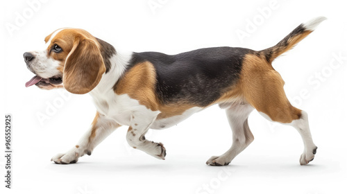 Beagle dog walking side view isolated on white background